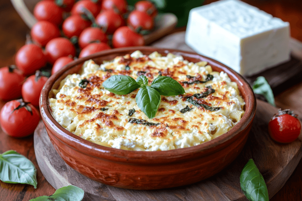 Baked feta pasta with cherry tomatoes and basil