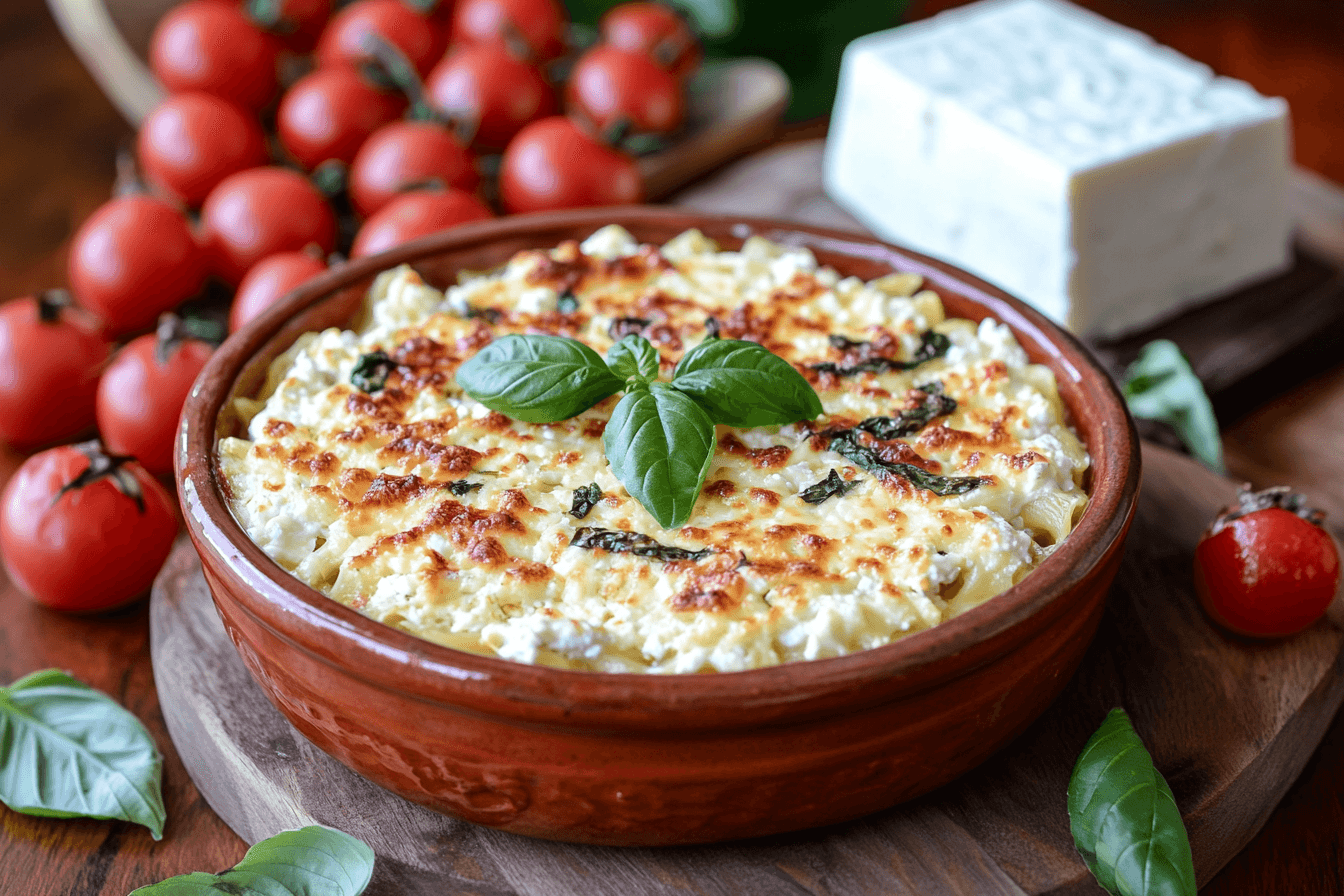 Baked feta pasta with cherry tomatoes and basil