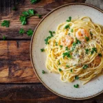 Spaghetti Carbonara with Shrimp garnished with parsley and cheese.