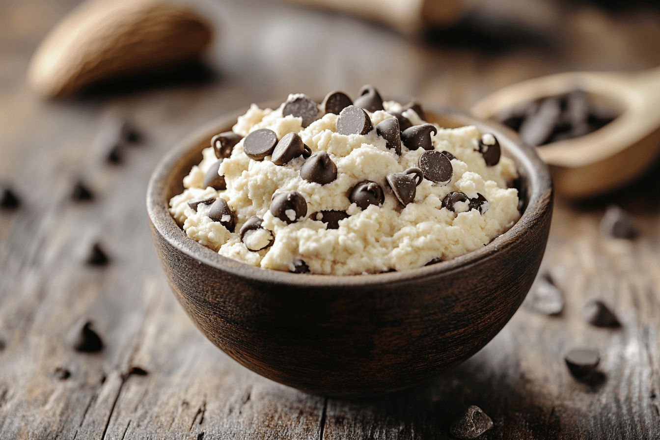 A bowl of creamy cottage cheese cookie dough with chocolate chips.