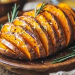 Baked hasselback sweet potatoes with rosemary and butter.