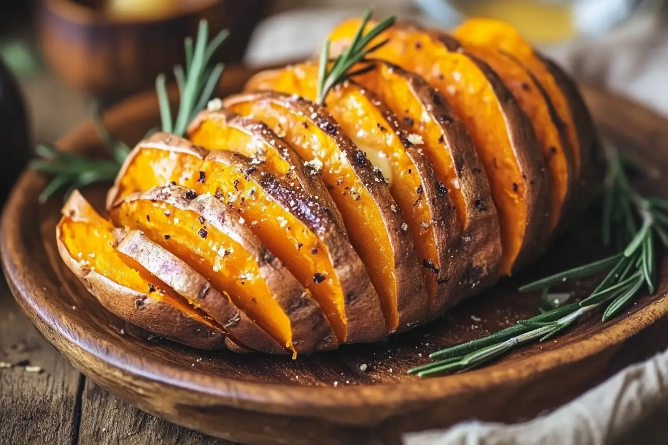 Baked hasselback sweet potatoes with rosemary and butter.