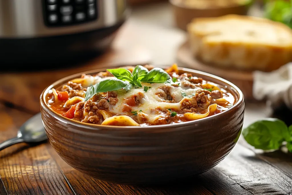 A steaming bowl of crock pot lasagna soup garnished with fresh basil.