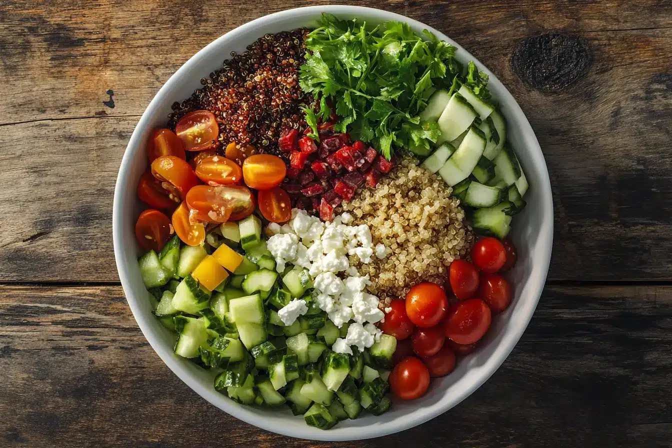 A colorful bowl of Costco quinoa salad with fresh ingredients