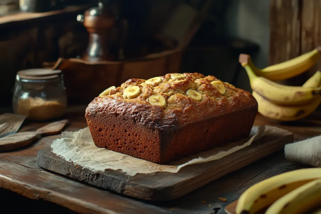 Freshly baked banana bread loaf with ripe bananas