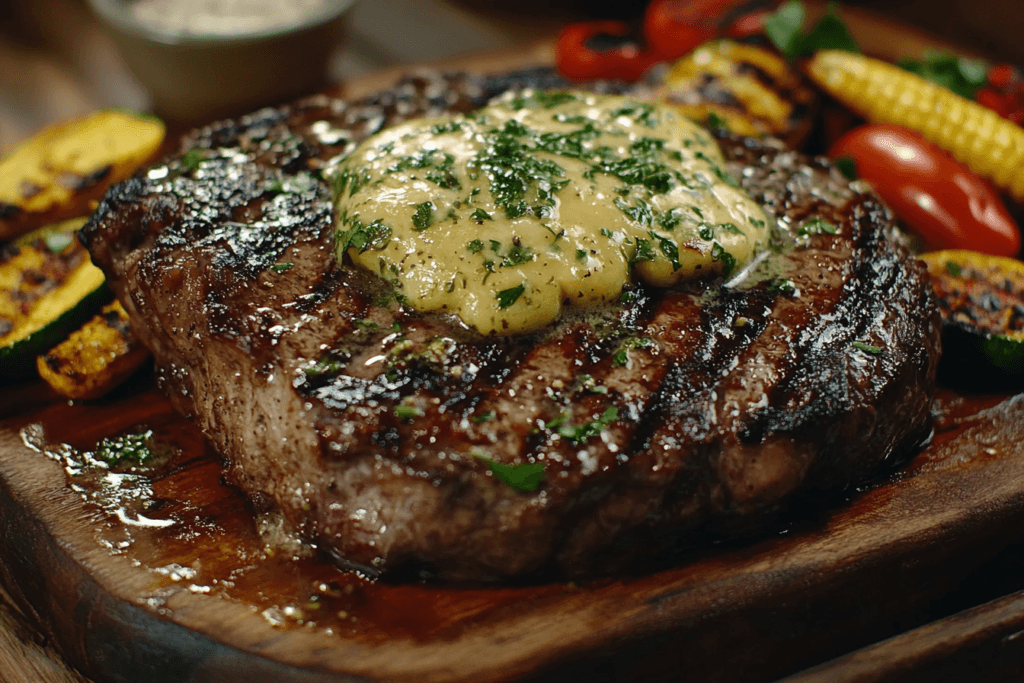 Grilled cowboy butter steak in a cast iron skillet
