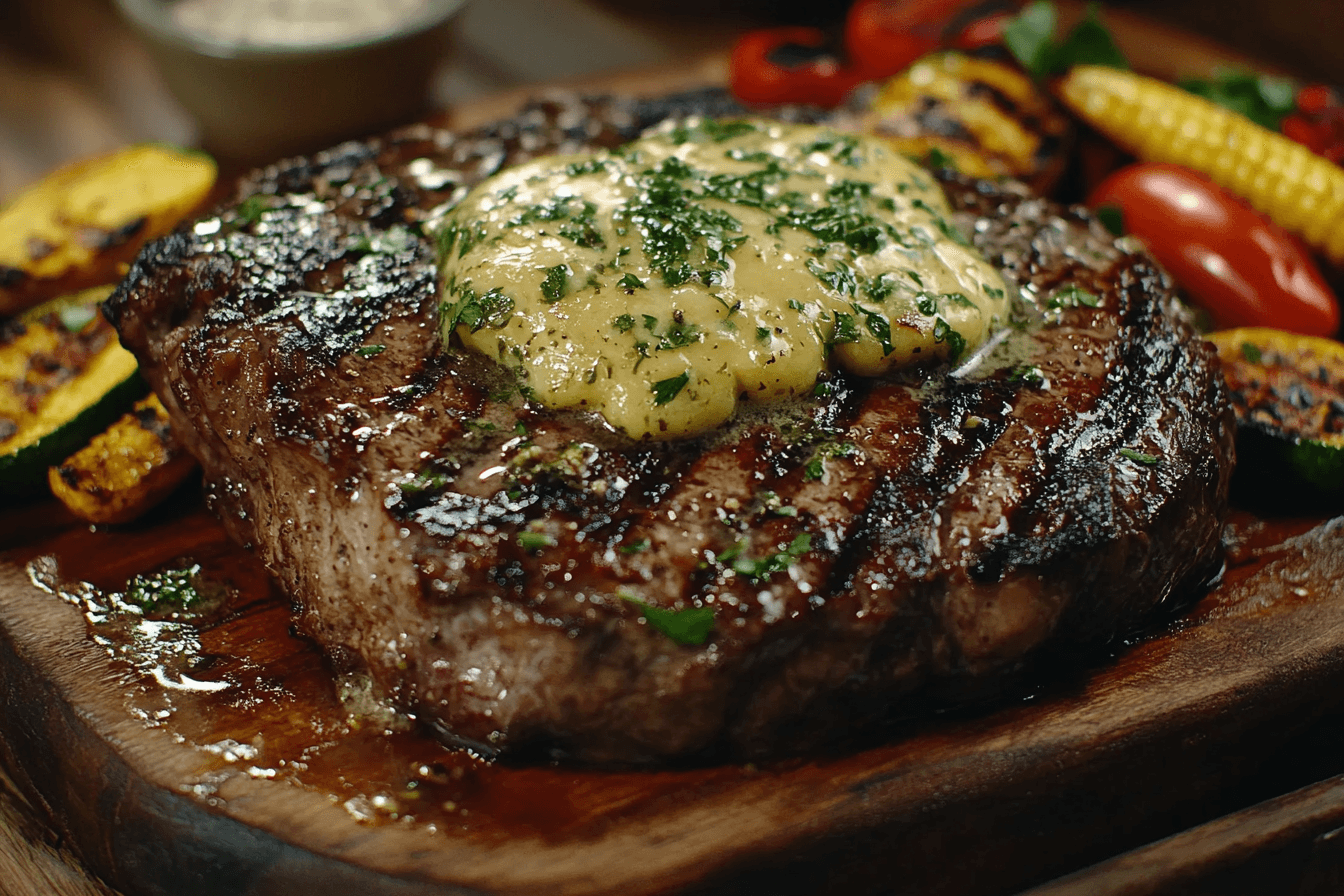 Grilled cowboy butter steak in a cast iron skillet
