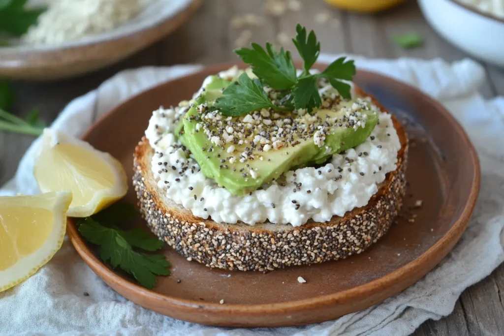 Cottage cheese avocado toast with bagel seasoning and lemon.