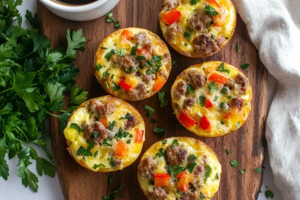 A batch of freshly baked sausage egg muffins on a wooden board.
