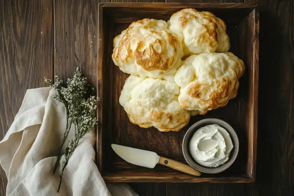 Freshly baked cloud bread on a wooden tray.
