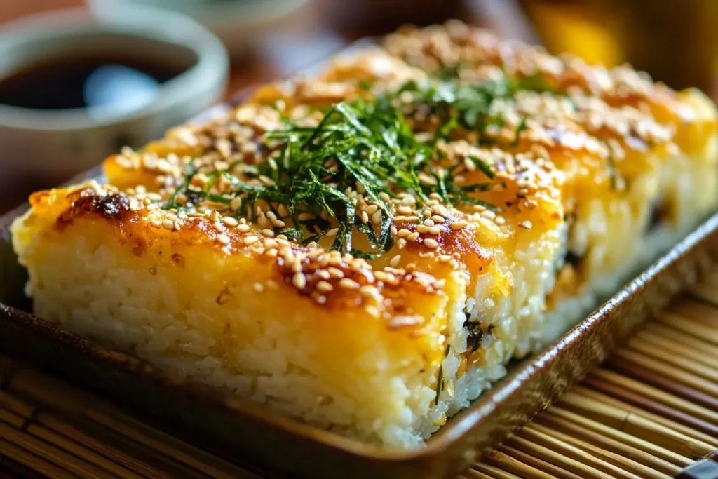 Close-up of freshly baked sushi with golden topping and garnishes