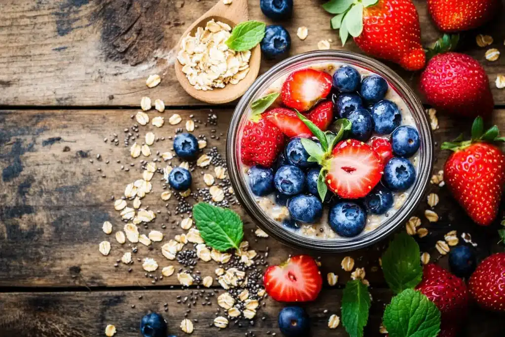 Overnight Oats topped with fresh berries and chia seeds in a mason jar