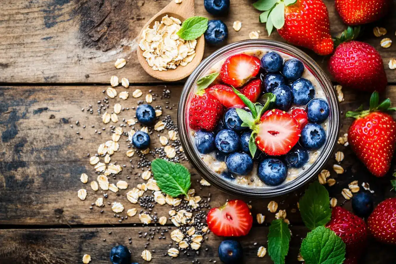 Overnight Oats topped with fresh berries and chia seeds in a mason jar