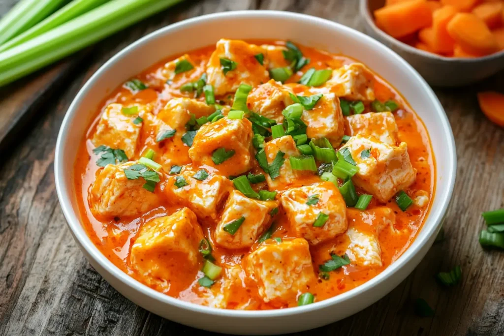 Healthy buffalo chicken served in a bowl with fresh veggies.