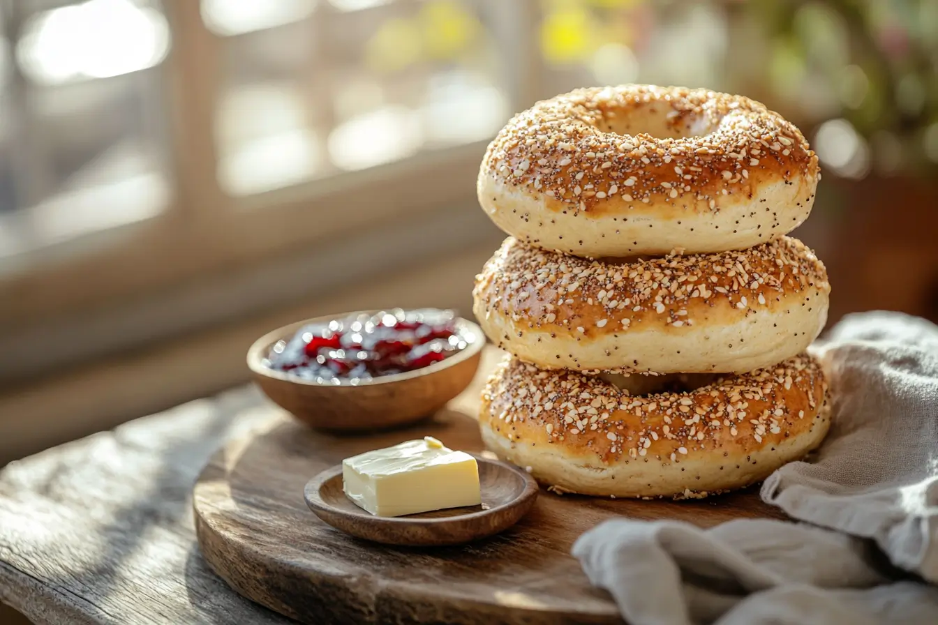 Freshly baked New York-style bagels served with cream cheese