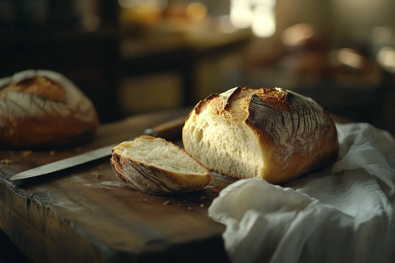 Freshly baked sourdough bread on a rustic wooden table
