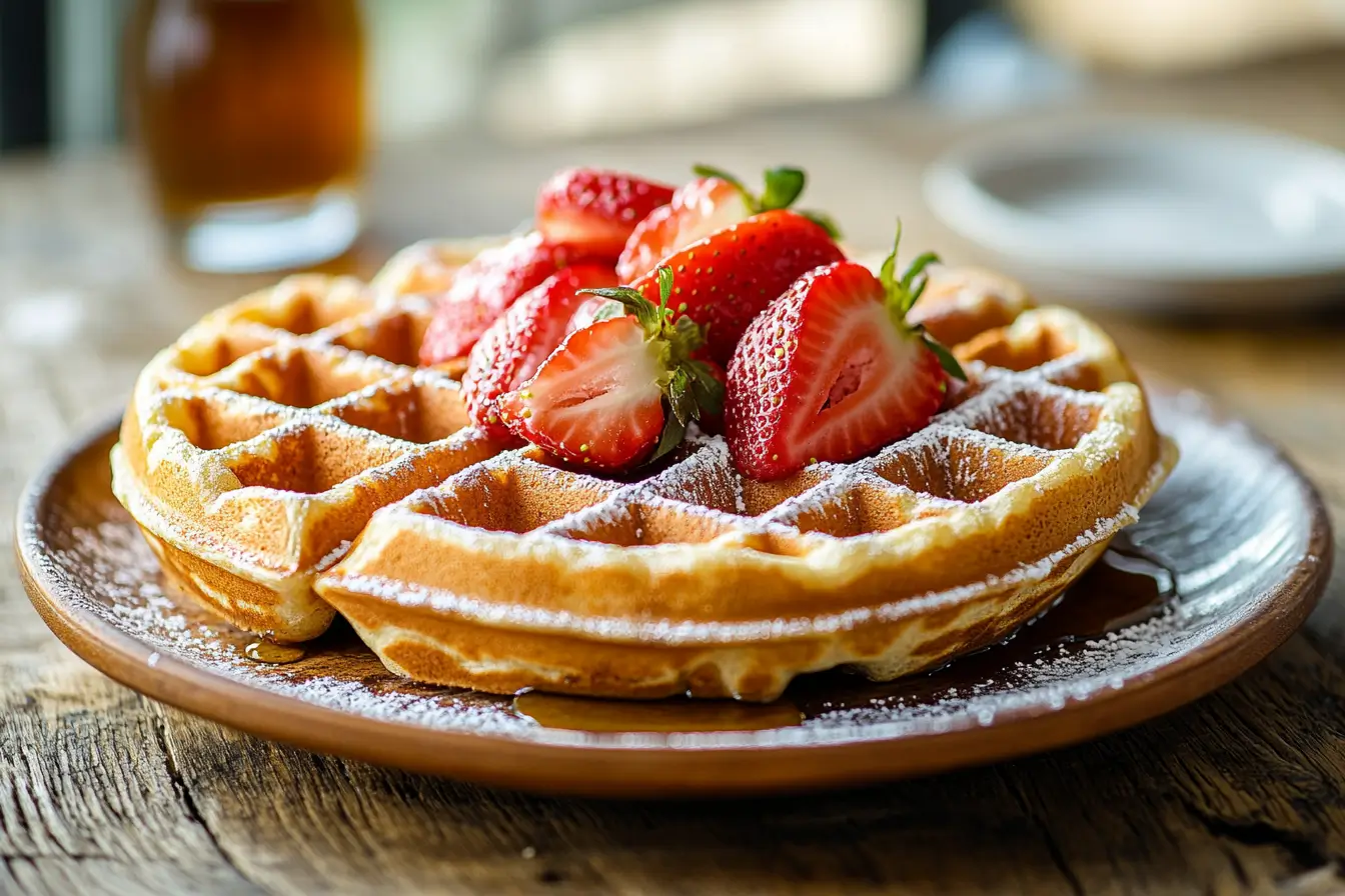 Golden Belgian waffle topped with strawberries and syrup.