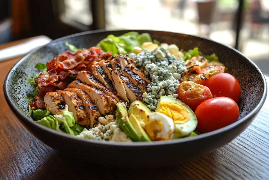 Classic Cobb salad with fresh ingredients on a rustic table