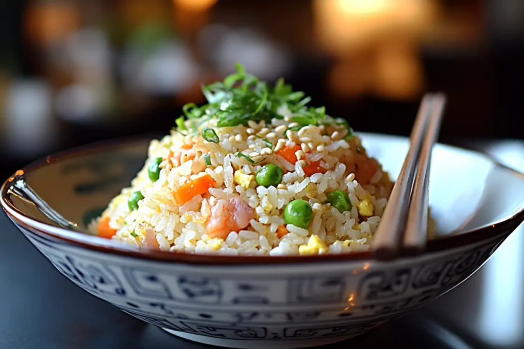 A bowl of Young Chow Fried Rice with shrimp, pork, eggs, and vegetables.