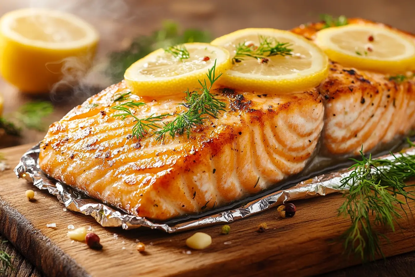 Perfectly grilled salmon in foil with lemon and herbs