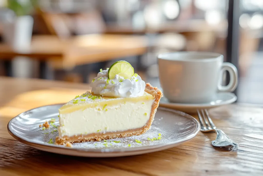 A delicious slice of key lime pie with whipped cream and lime zest.