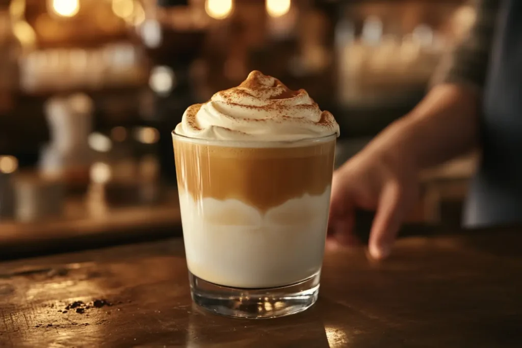 Barista serving a perfectly whipped dalgona coffee in a café