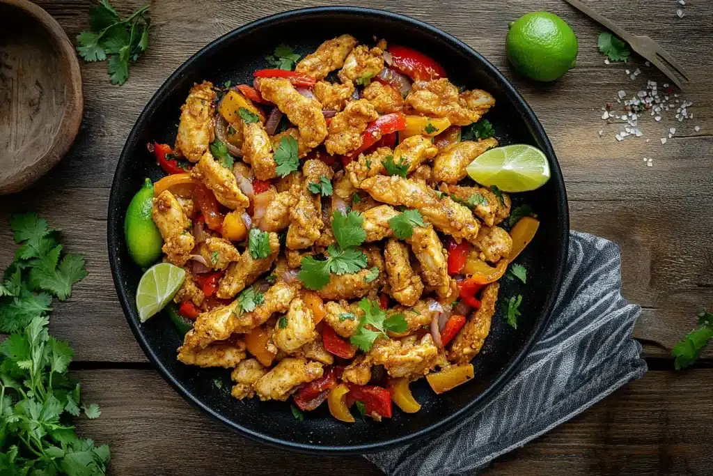 Sheet pan fajitas with roasted chicken, peppers, and onions, garnished with cilantro and lime wedges.