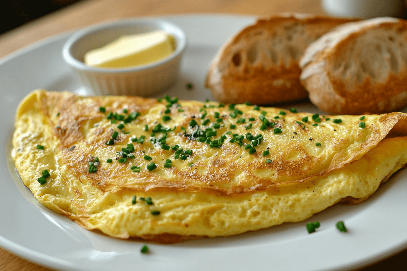 A classic French omelette on a plate with chives and bread.