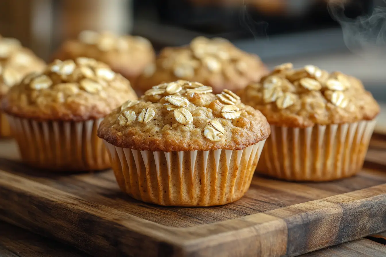 Freshly baked banana oatmeal muffins on a wooden tray