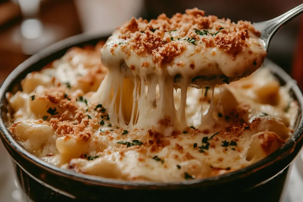 A bowl of creamy homemade mac and cheese with melted cheese stretching from a spoon.
