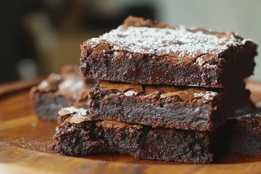 Fudgy Chocolate Brownies with Zucchini on a Wooden Plate