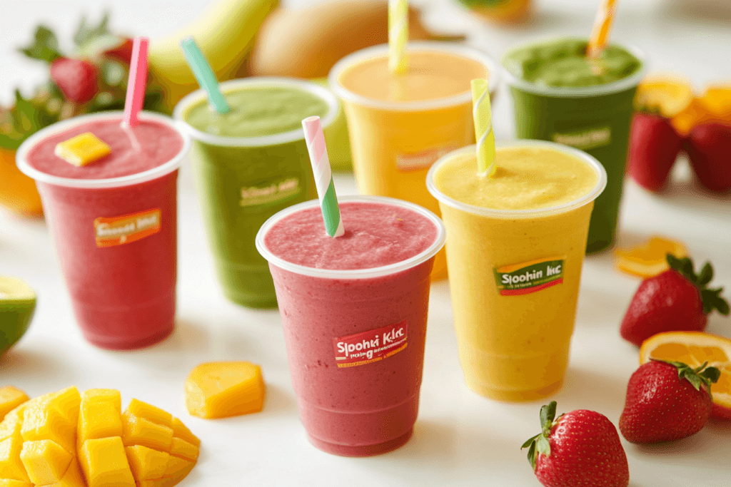 A variety of Smoothie King smoothies in different flavors.
