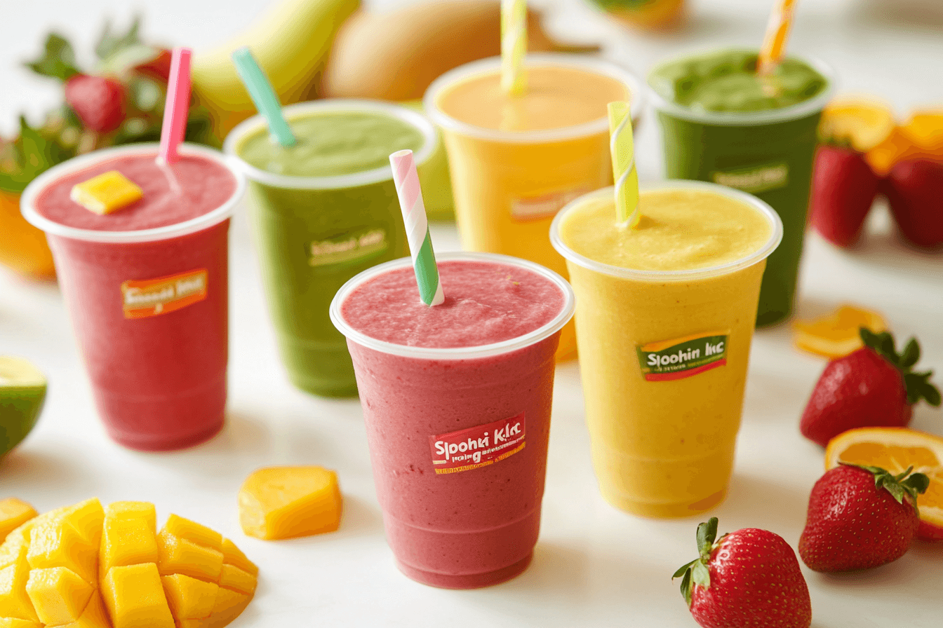 A variety of Smoothie King smoothies in different flavors.