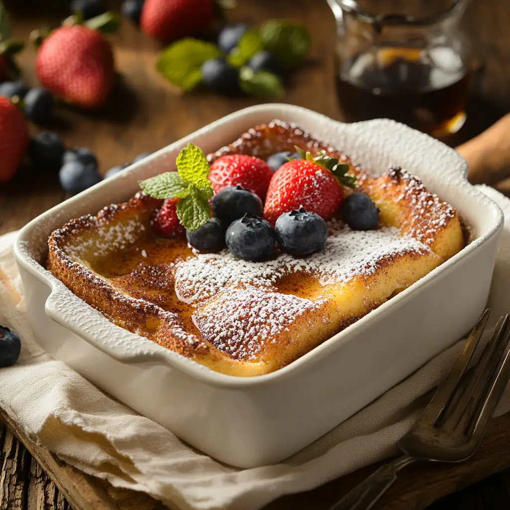 French toast casserole with cinnamon sugar topping and maple syrup