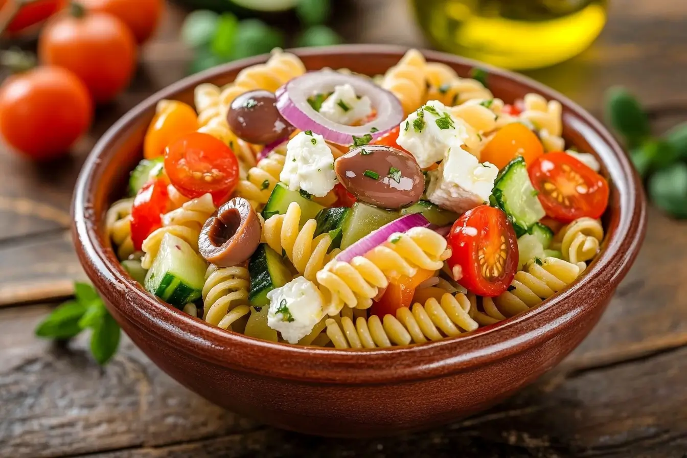 Fresh Greek pasta salad with feta, olives, and veggies