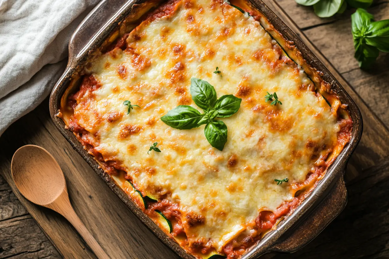 Freshly baked zucchini lasagna with golden cheese and basil.