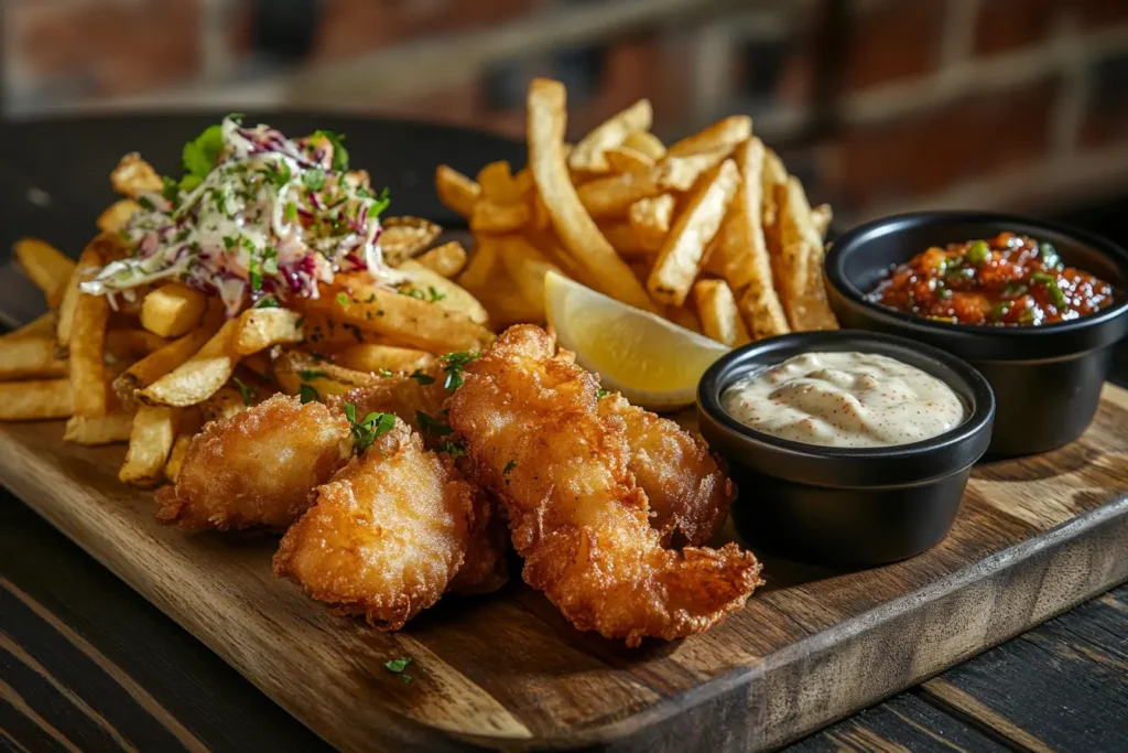 Traditional fish and chips served with tartar sauce and lemon.