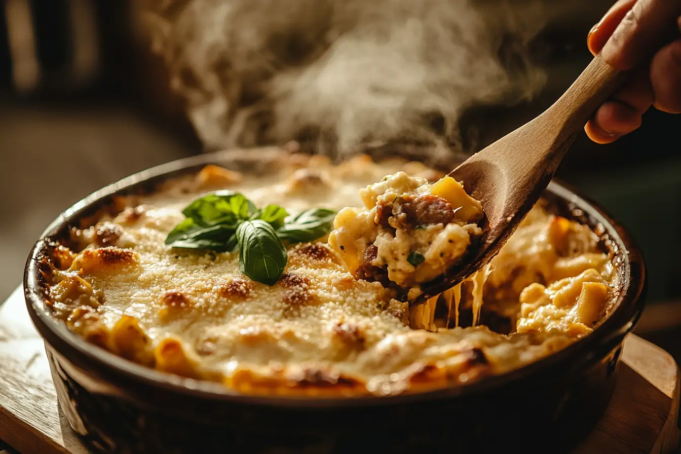 Freshly baked ziti with sausage in a rustic dish with melted cheese.