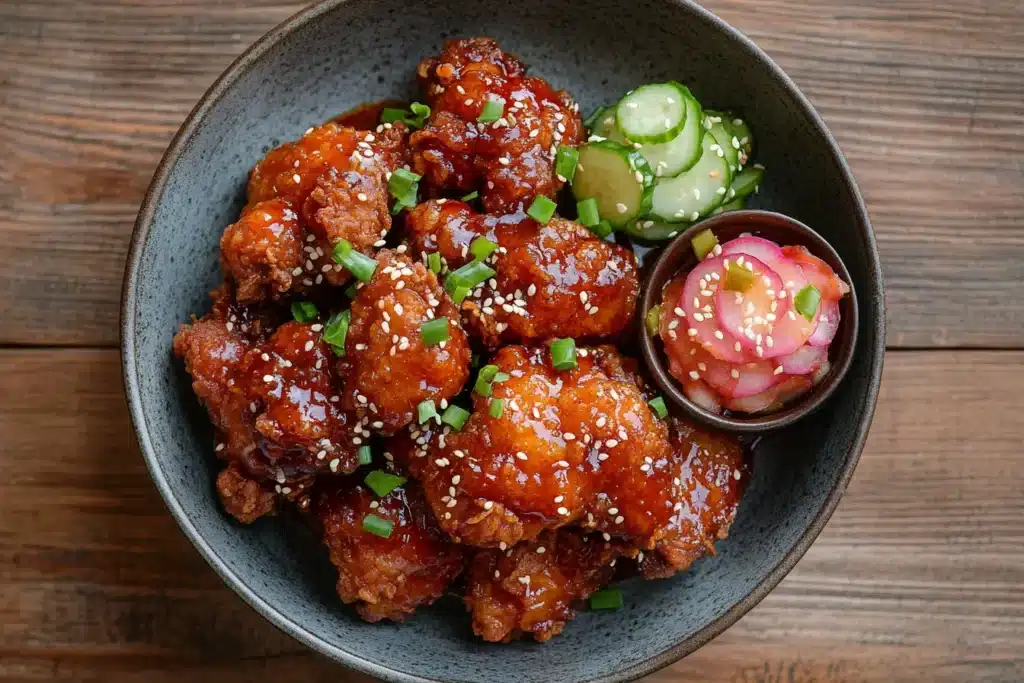 Three varieties of Korean fried chicken—soy garlic, spicy gochujang, and honey butter.