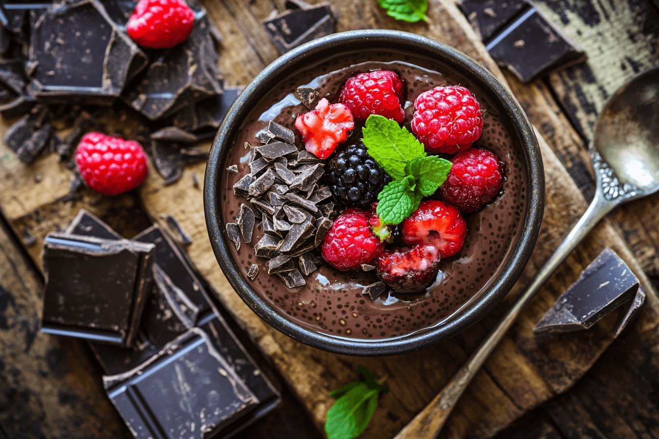 Bowl of chocolate chia seed pudding topped with berries and chocolate shavings.