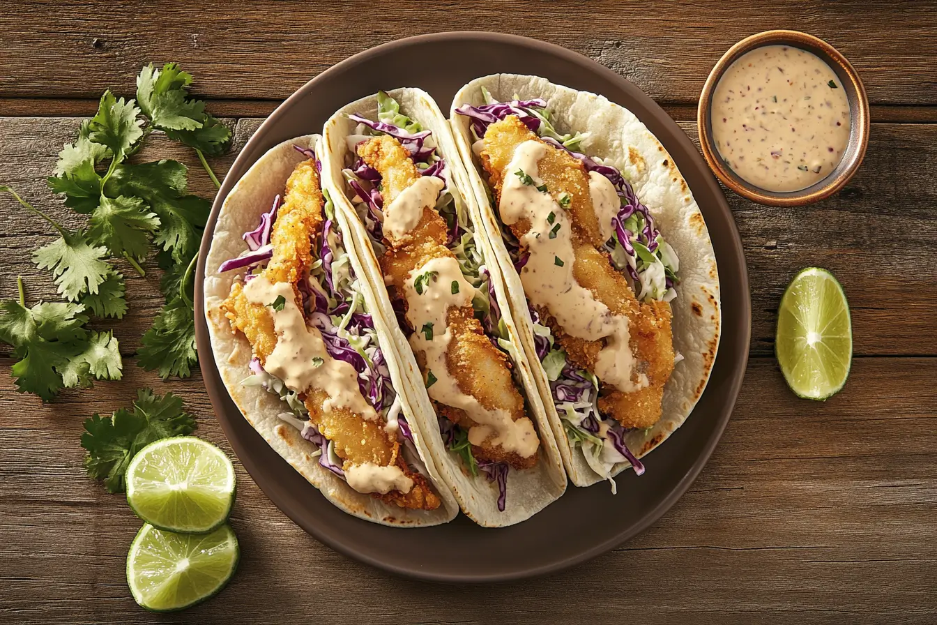 Fish tacos with creamy sauce and lime wedges