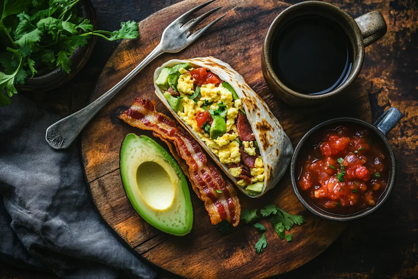 Hearty breakfast burrito with eggs, bacon, cheese, and avocado.