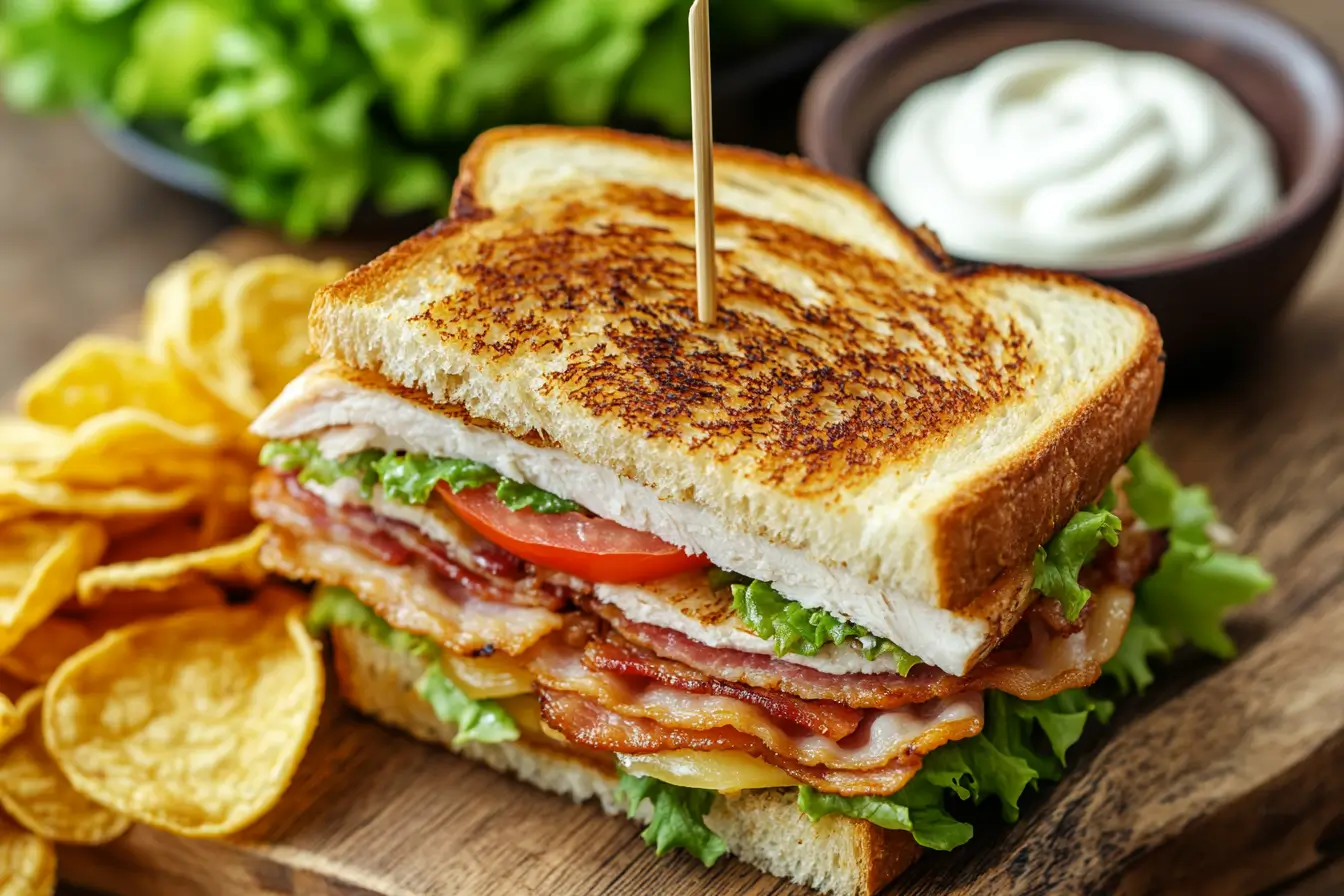 A beautifully assembled turkey club sandwich with crispy bacon and fresh vegetables.