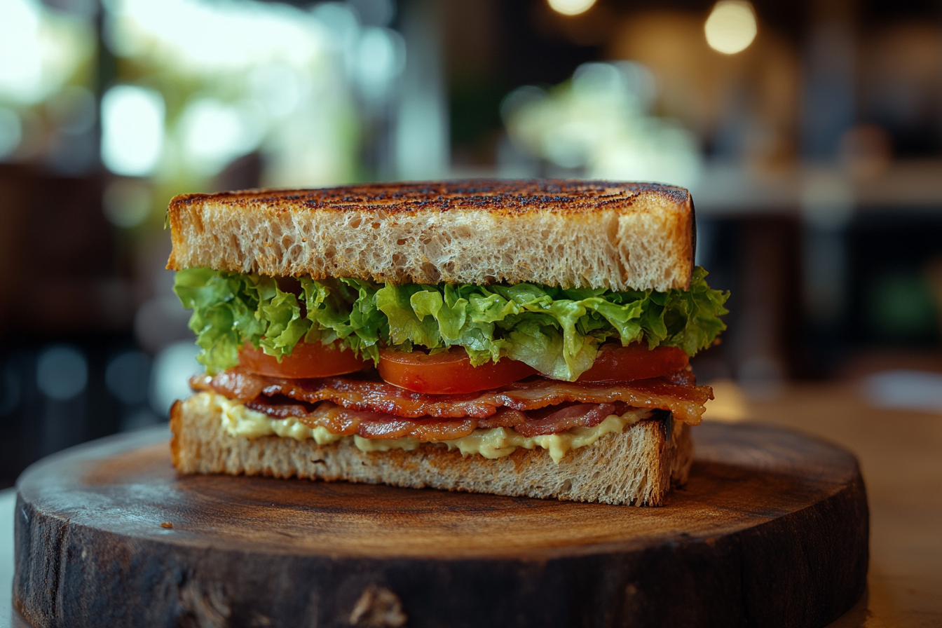 Close-up of a BLT sandwich with crispy bacon, lettuce, and tomato on toasted bread.