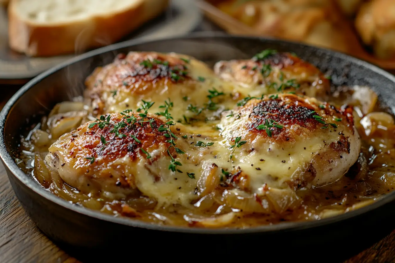 French onion soup chicken with melted cheese and caramelized onions