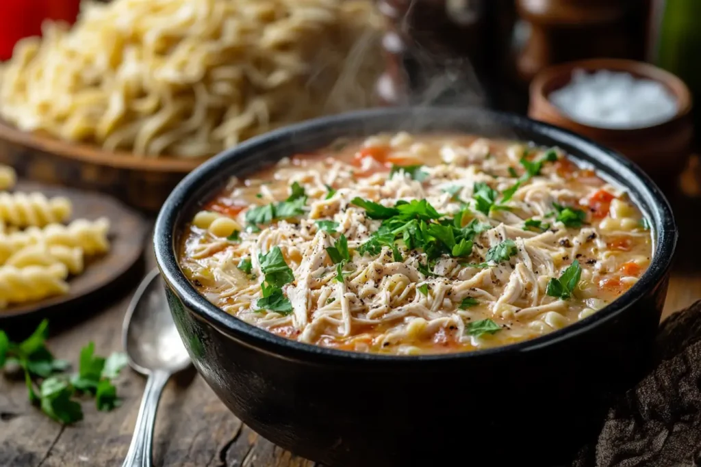 A steaming bowl of Instant Pot chicken noodle soup with egg noodles and fresh parsley