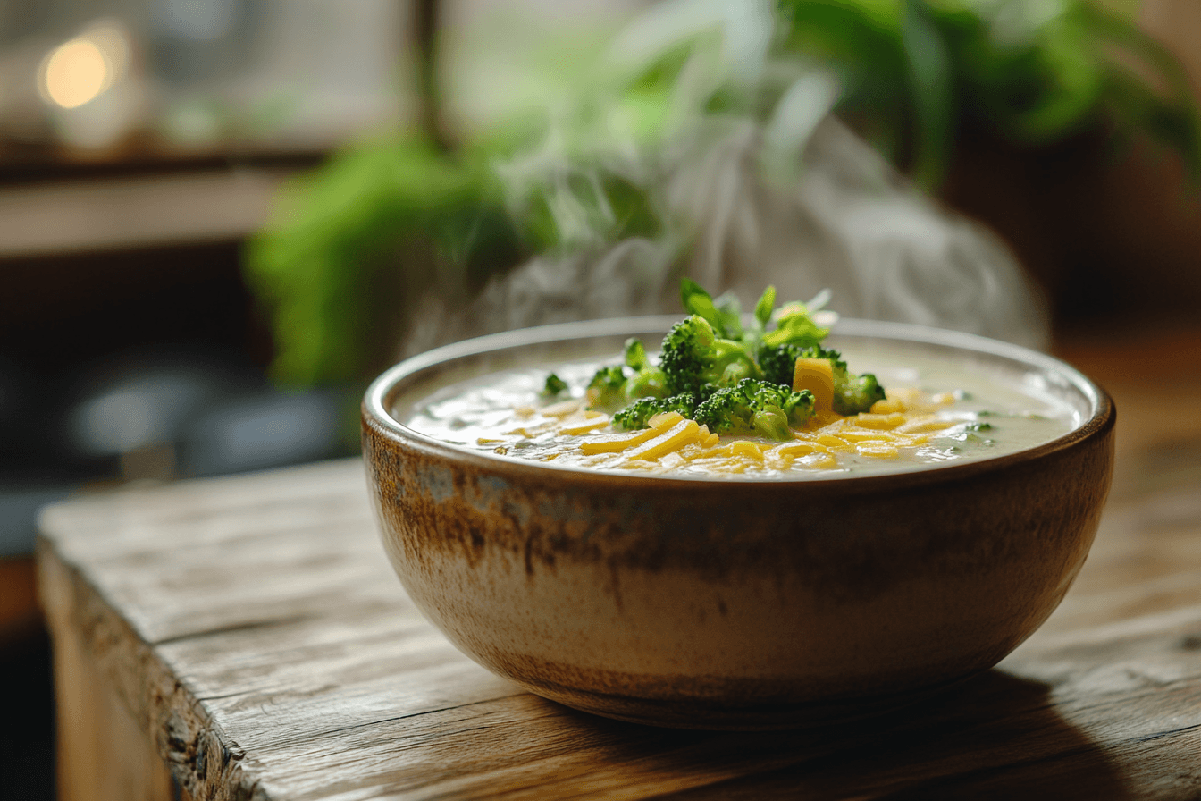 Creamy homemade broccoli cheddar soup in a bowl.