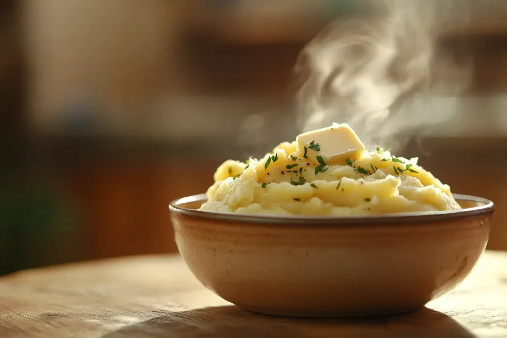 Creamy mashed potatoes with melting butter and fresh herbs.