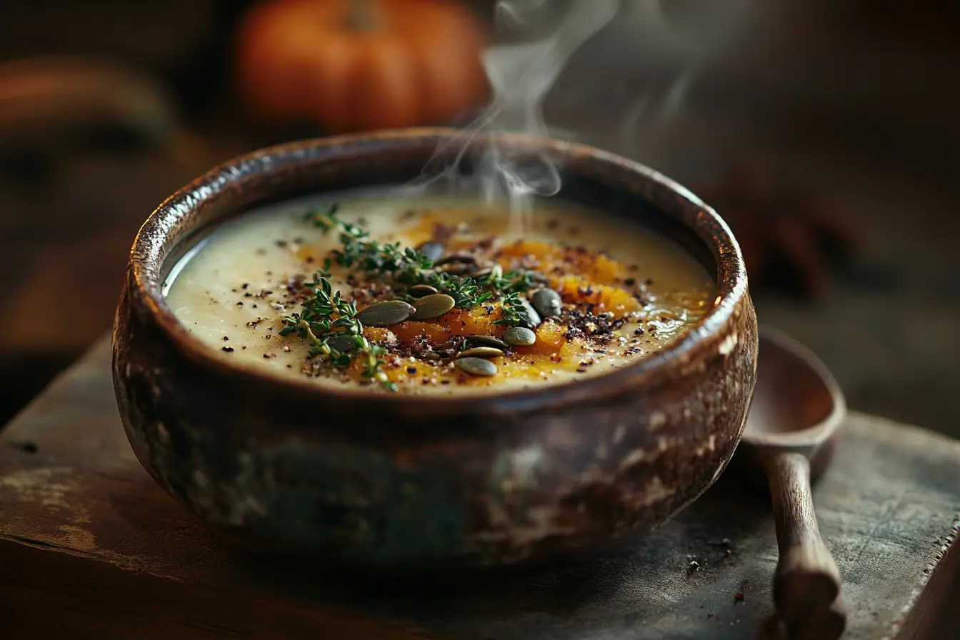 A bowl of creamy vegan butternut squash soup garnished with pumpkin seeds and thyme.