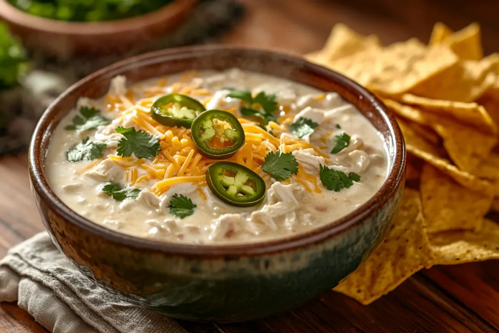 A bowl of white chicken chili topped with cheese, cilantro, and jalapeños.